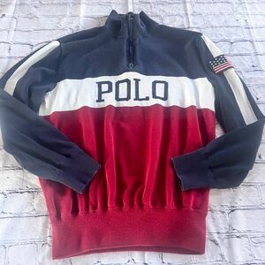 Vintage POLO Ralph Lauren Spell Out 1/4 Zip Sweater American Flag Patch M 90's